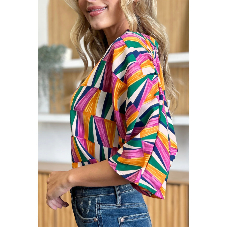 Double Take Full Size Geometric Notched Raglan Sleeve Blouse Apparel and Accessories