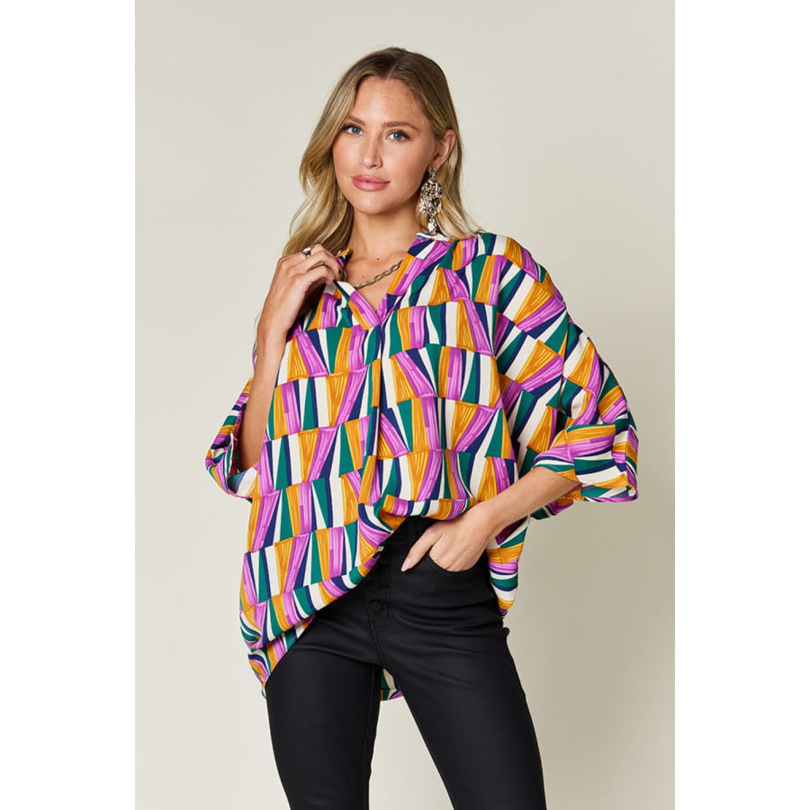 Double Take Full Size Geometric Notched Raglan Sleeve Blouse Apparel and Accessories