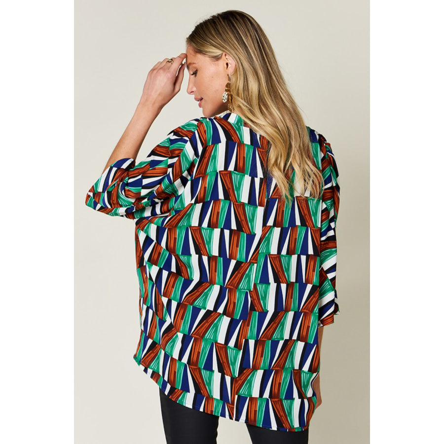 Double Take Full Size Geometric Notched Raglan Sleeve Blouse Apparel and Accessories