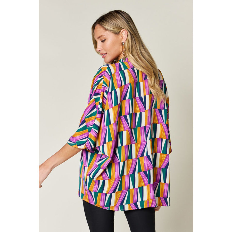 Double Take Full Size Geometric Notched Raglan Sleeve Blouse Apparel and Accessories