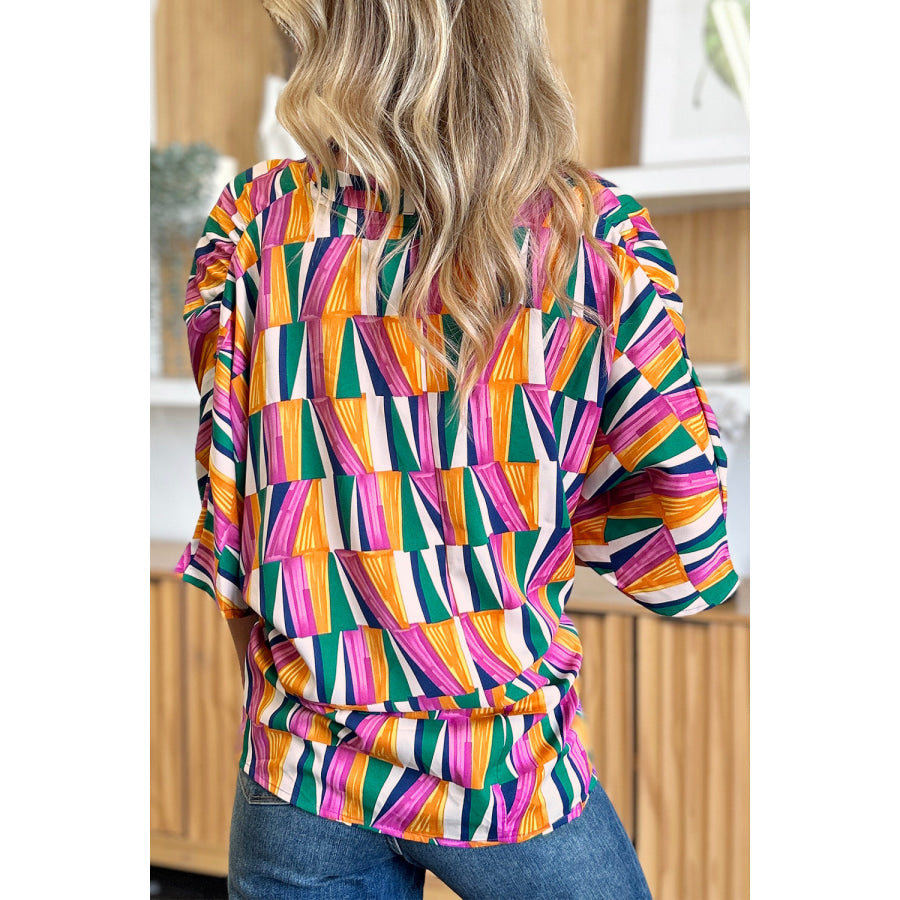 Double Take Full Size Geometric Notched Raglan Sleeve Blouse Apparel and Accessories