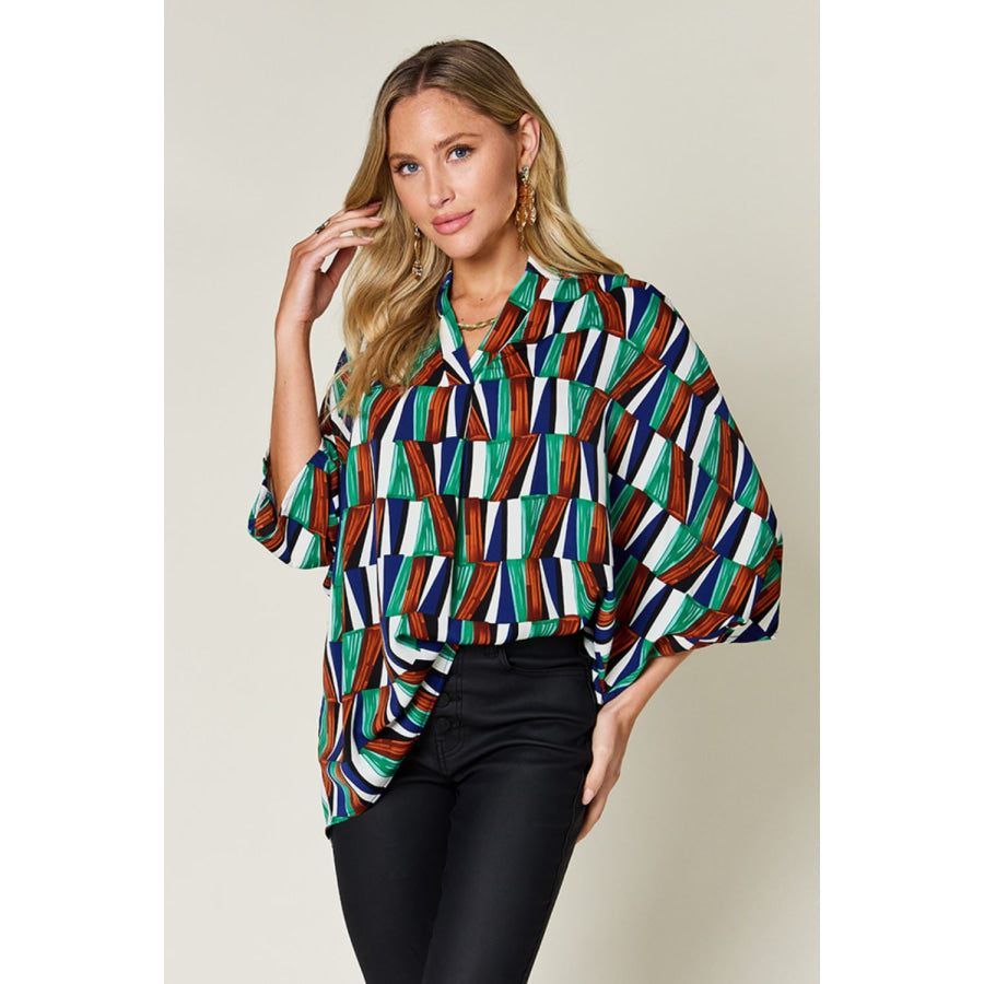 Double Take Full Size Geometric Notched Raglan Sleeve Blouse Turquoise / S Apparel and Accessories