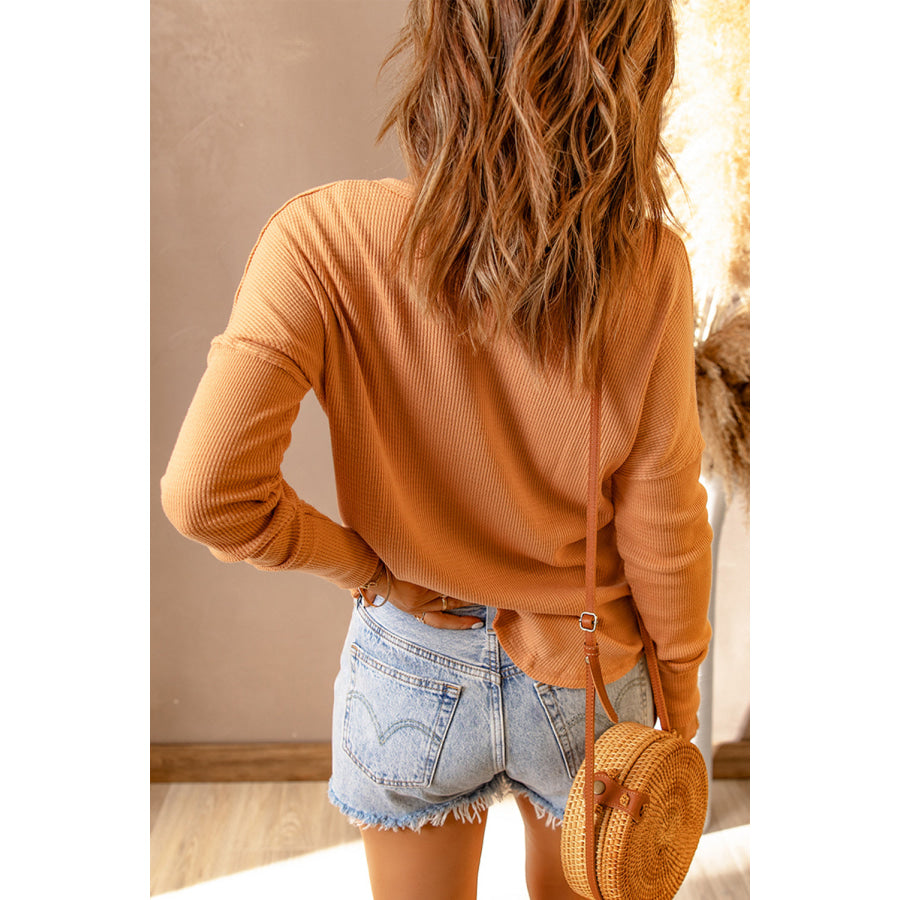 Double Take Full Size Half Button Drop Shoulder T-Shirt Tangerine / S Apparel and Accessories