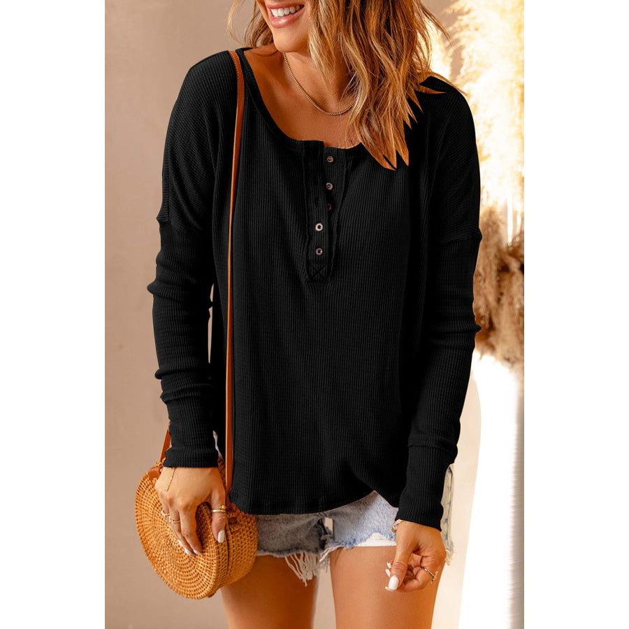 Double Take Full Size Half Button Drop Shoulder T-Shirt Black / S Apparel and Accessories