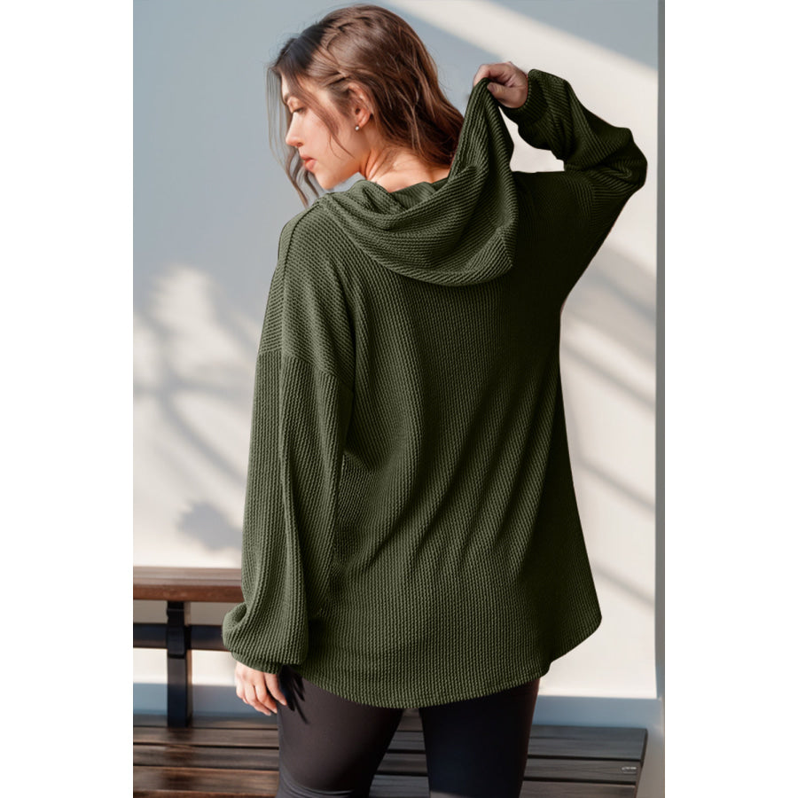 Double Take Full Size Half Button Long Sleeve Hoodie Moss / S Apparel and Accessories