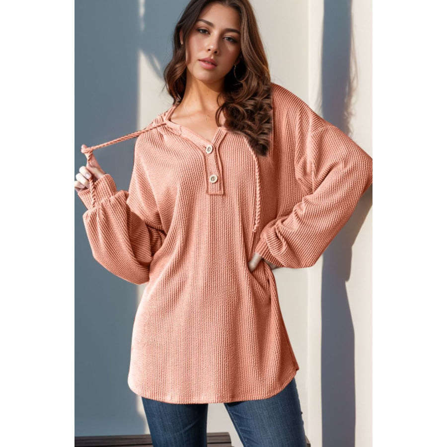 Double Take Full Size Half Button Long Sleeve Hoodie Apparel and Accessories