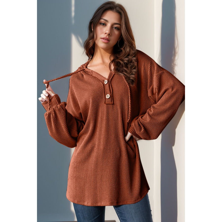 Double Take Full Size Half Button Long Sleeve Hoodie Apparel and Accessories