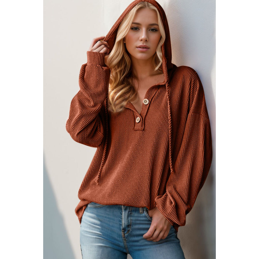 Double Take Full Size Half Button Long Sleeve Hoodie Caramel / S Apparel and Accessories