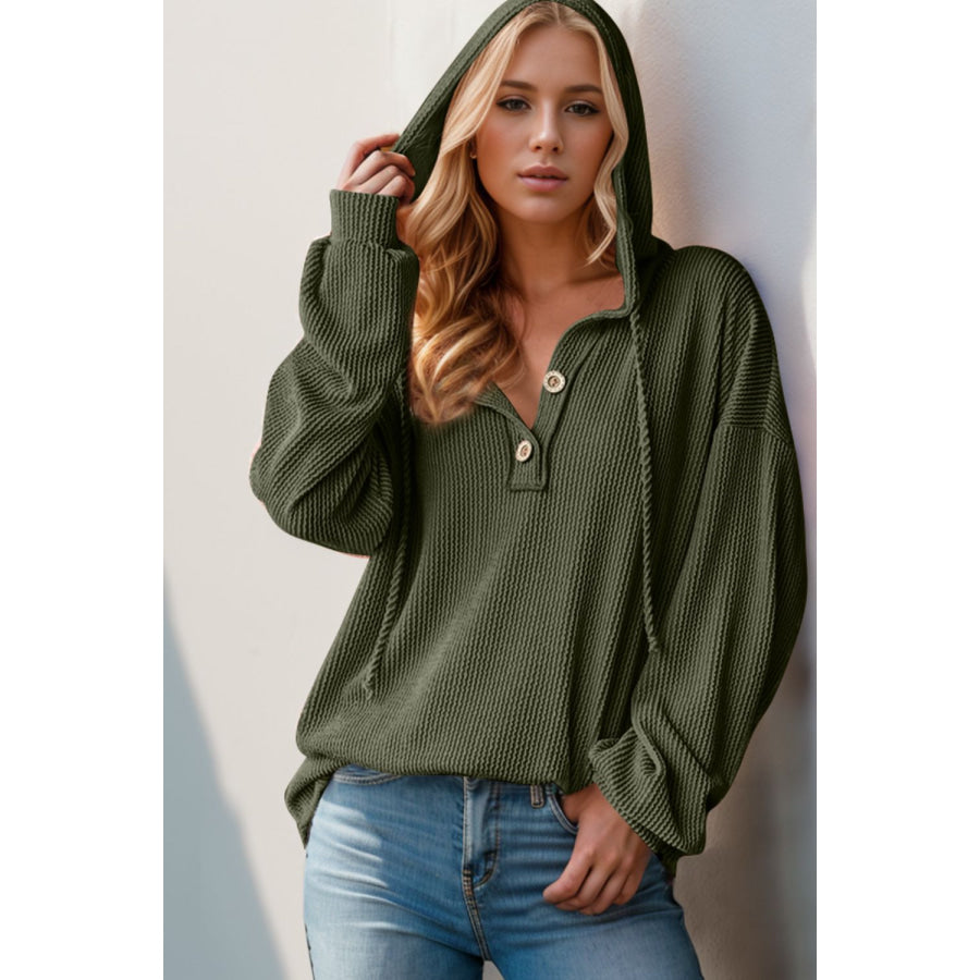 Double Take Full Size Half Button Long Sleeve Hoodie Moss / S Apparel and Accessories