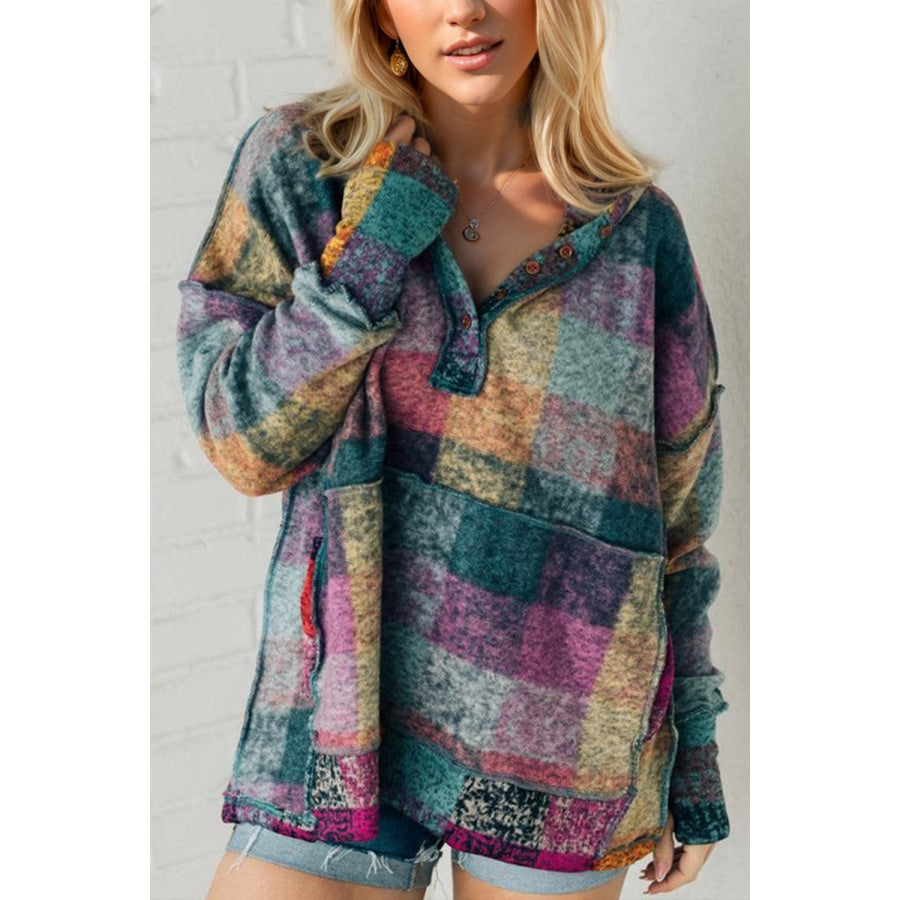 Double Take Full Size Half Button Thumbhole Long Sleeve Hoodie Multicolored / S Apparel and Accessories