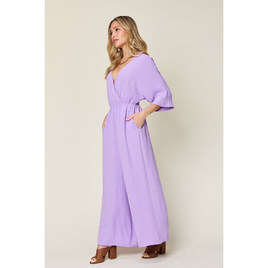 Double Take Full Size Half Sleeve Wide Leg Jumpsuit Apparel and Accessories