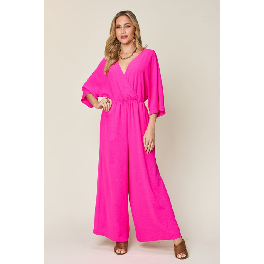 Double Take Full Size Half Sleeve Wide Leg Jumpsuit Hot Pink / S Apparel and Accessories