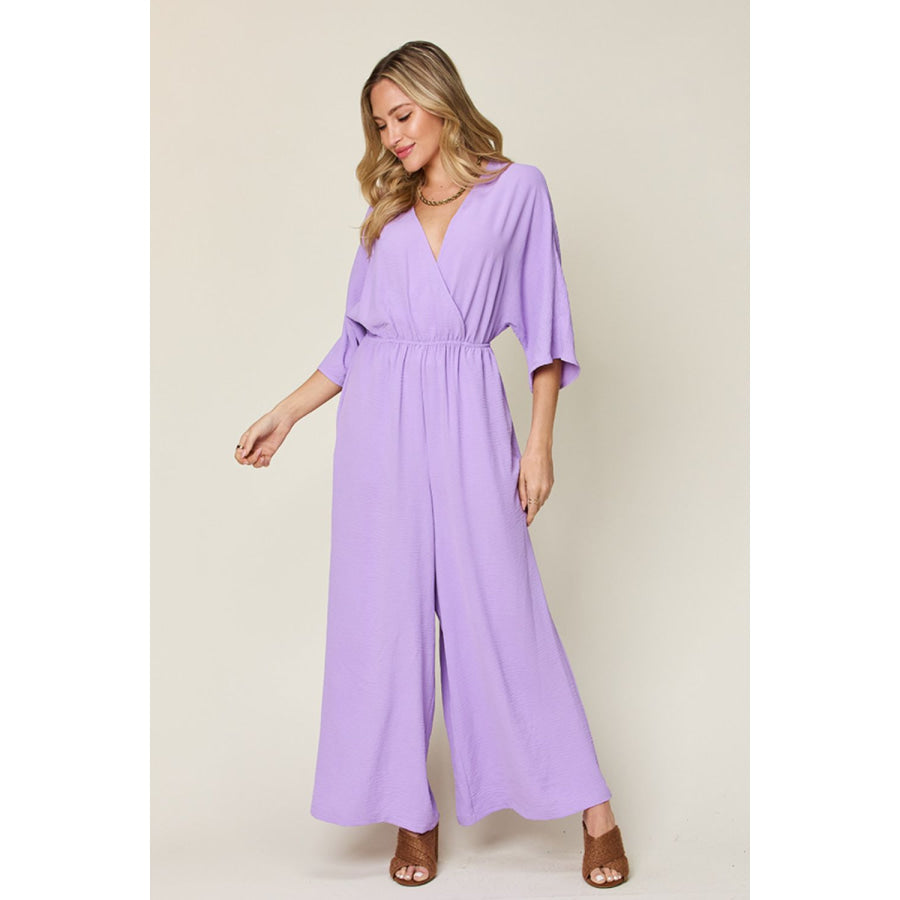 Double Take Full Size Half Sleeve Wide Leg Jumpsuit Lavender / S Apparel and Accessories