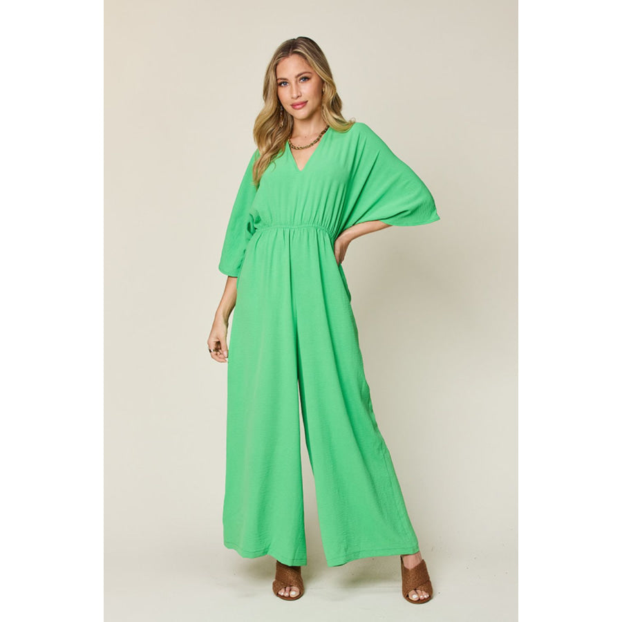 Double Take Full Size Half Sleeve Wide Leg Jumpsuit Mid Green / S Apparel and Accessories