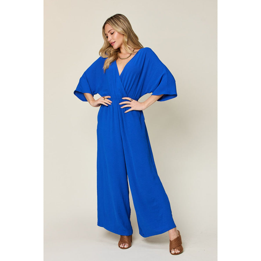 Double Take Full Size Half Sleeve Wide Leg Jumpsuit Royal Blue / S Apparel and Accessories