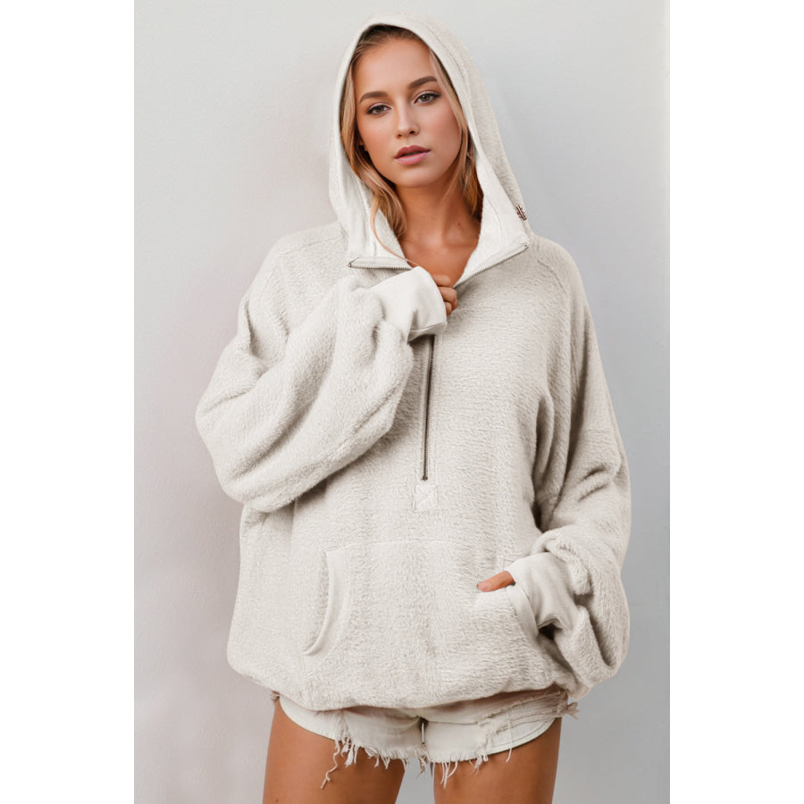 Double Take Full Size Half Zip Long Sleeve Hoodie with Kangaroo Pocket Beige / S Apparel and Accessories