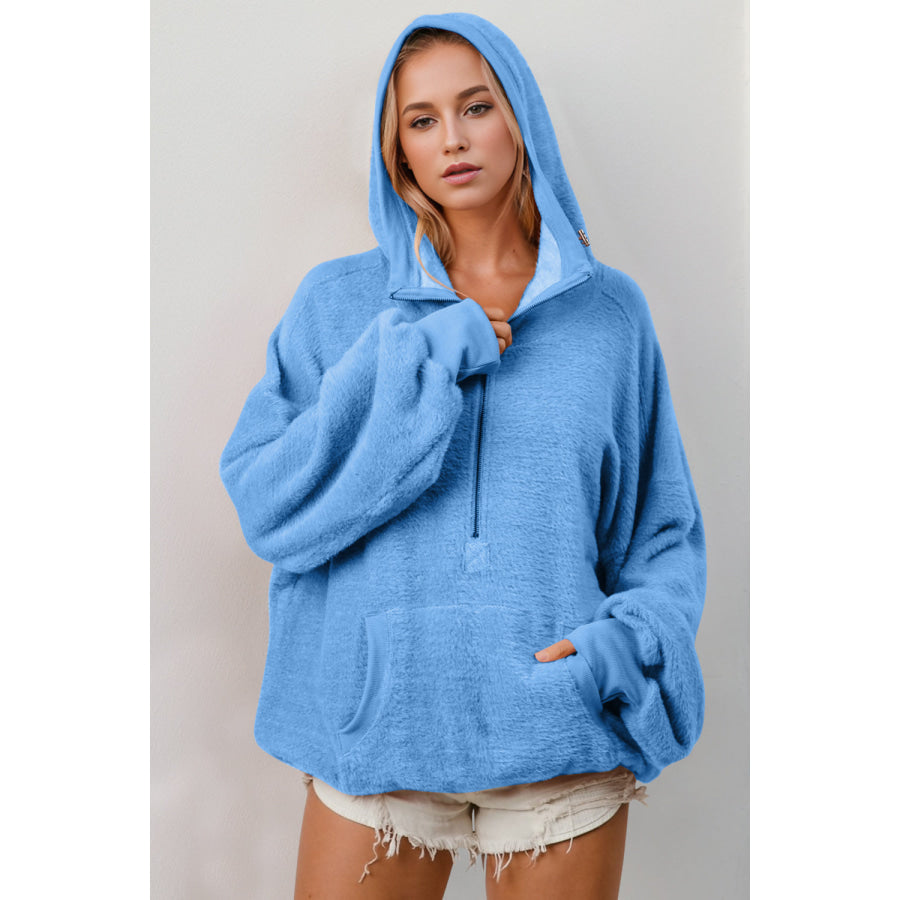 Double Take Full Size Half Zip Long Sleeve Hoodie with Kangaroo Pocket Sky Blue / S Apparel and Accessories