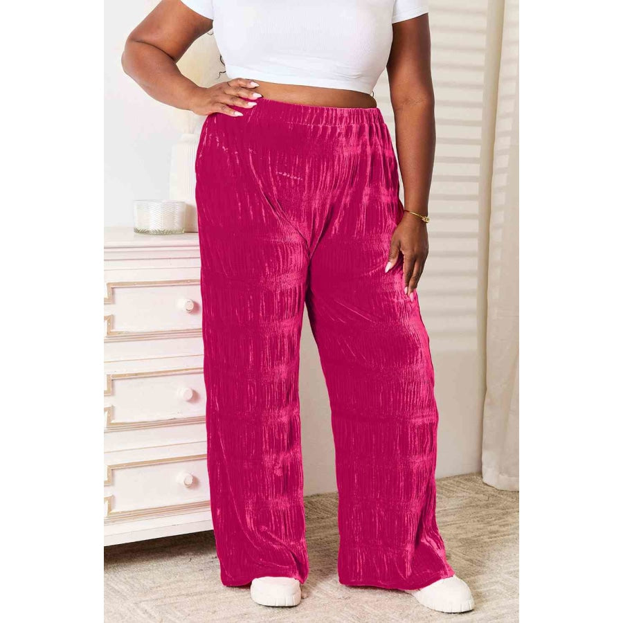 Double Take Full Size High Waist Tiered Shirring Velvet Wide Leg Pants Apparel and Accessories