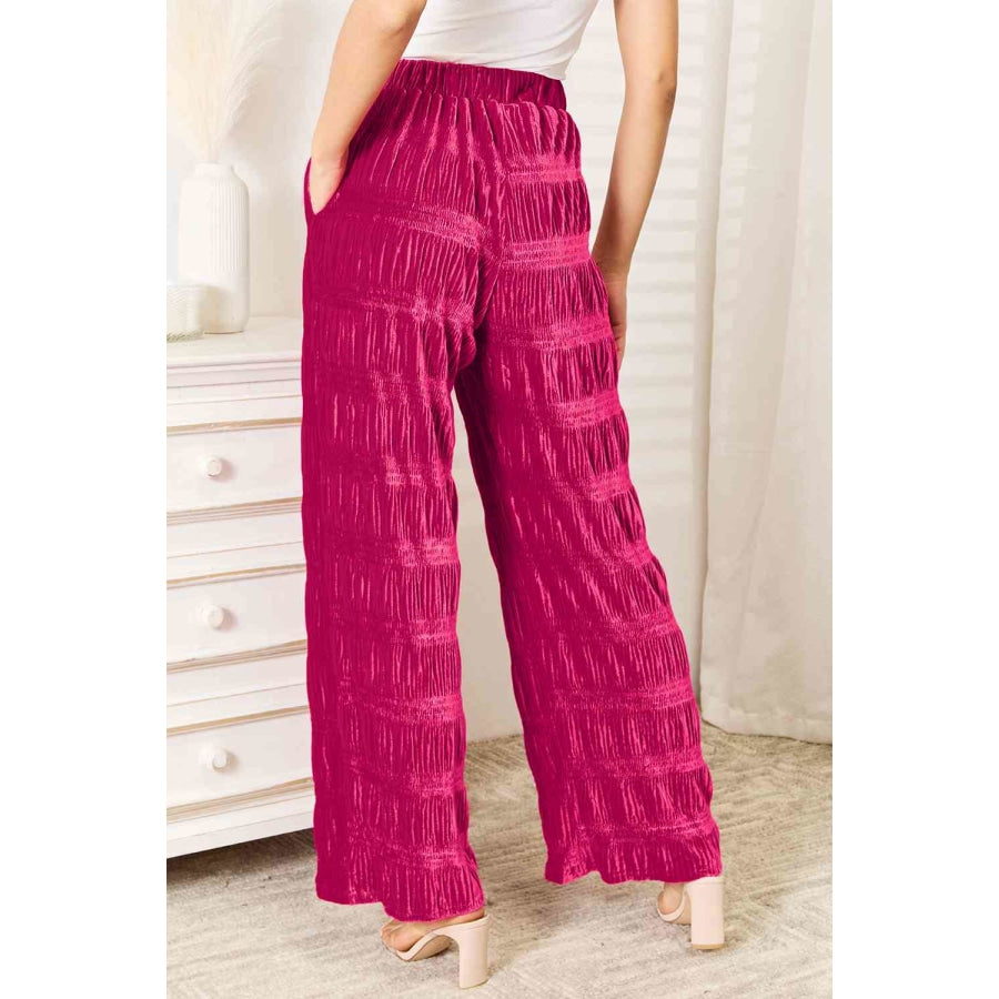 Double Take Full Size High Waist Tiered Shirring Velvet Wide Leg Pants Deep Rose / S Apparel and Accessories