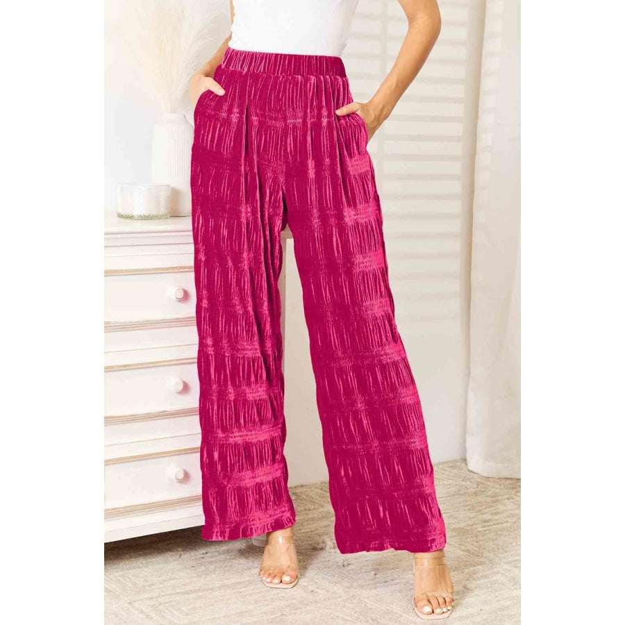 Double Take Full Size High Waist Tiered Shirring Velvet Wide Leg Pants Deep Rose / S Apparel and Accessories