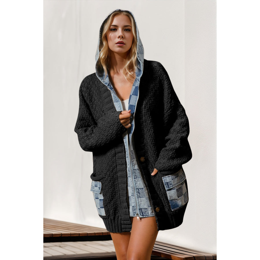 Double Take Full Size Hooded Denim Spliced Sweater Cardigan Black / S/M Apparel and Accessories