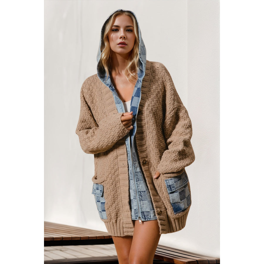 Double Take Full Size Hooded Denim Spliced Sweater Cardigan Camel / S/M Apparel and Accessories