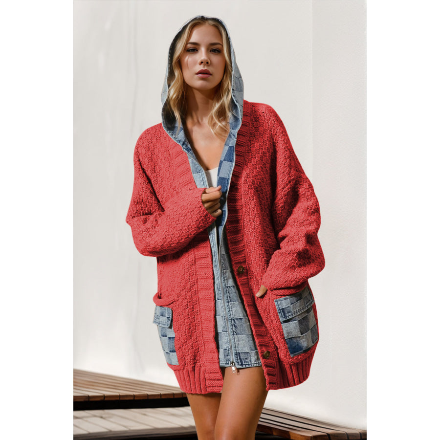 Double Take Full Size Hooded Denim Spliced Sweater Cardigan Deep Red / S/M Apparel and Accessories