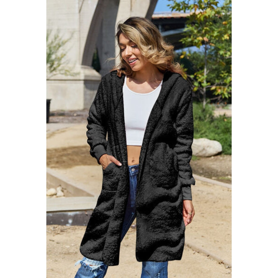 Double Take Full Size Hooded Teddy Bear Jacket with Thumbholes Black / S Clothing