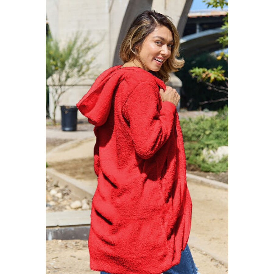 Double Take Full Size Hooded Teddy Bear Jacket with Thumbholes Clothing