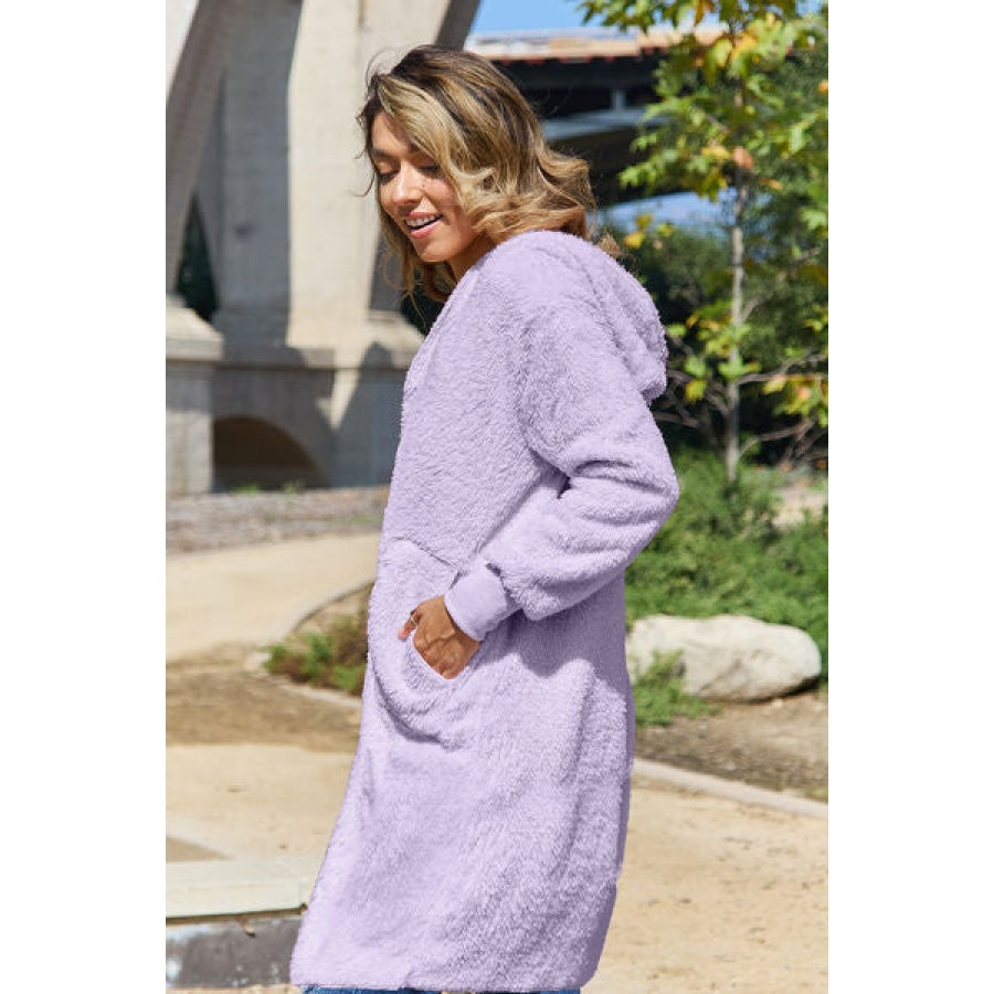 Double Take Full Size Hooded Teddy Bear Jacket with Thumbholes Clothing