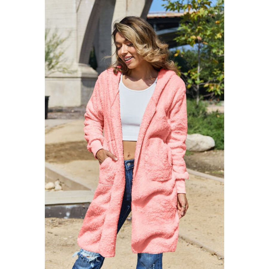 Double Take Full Size Hooded Teddy Bear Jacket with Thumbholes Coral / S Clothing