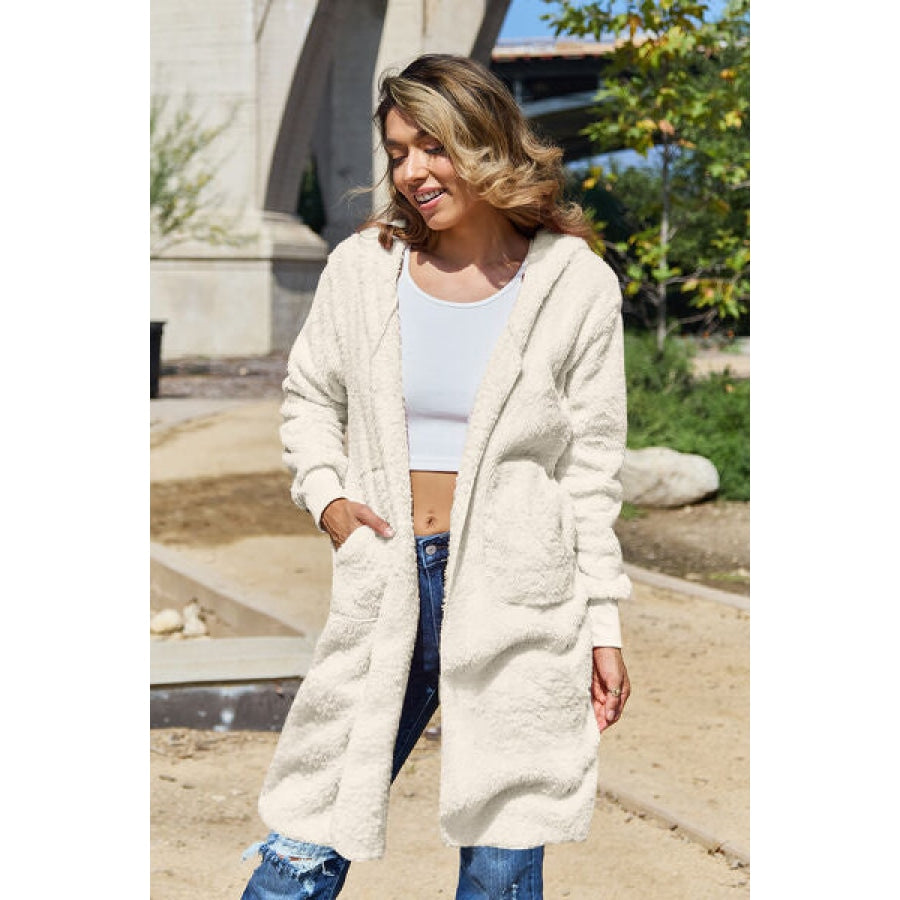 Double Take Full Size Hooded Teddy Bear Jacket with Thumbholes Cream / S Clothing