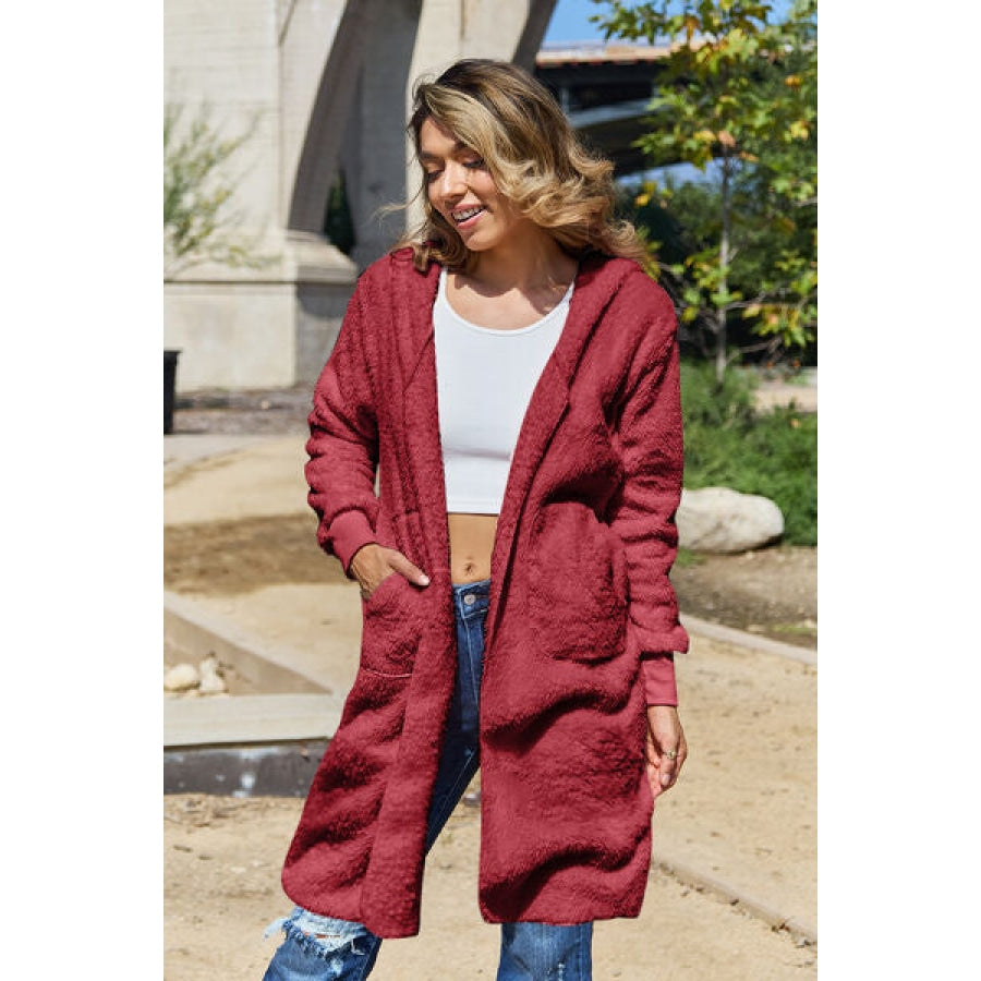 Double Take Full Size Hooded Teddy Bear Jacket with Thumbholes Deep Red / S Clothing