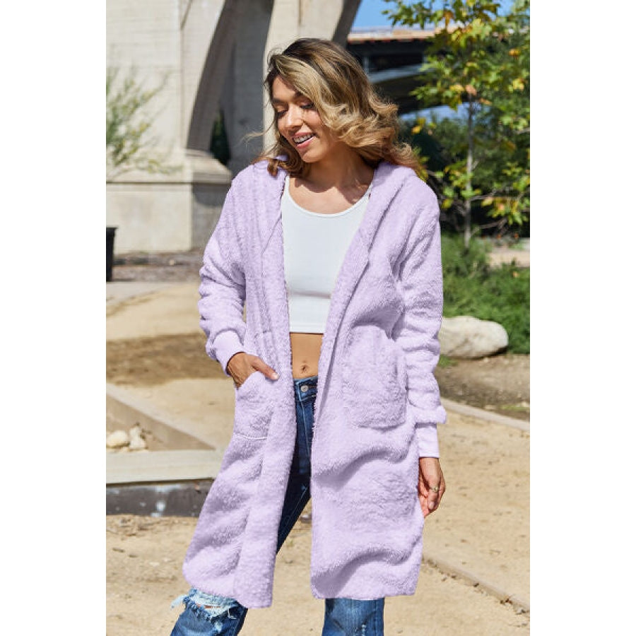 Double Take Full Size Hooded Teddy Bear Jacket with Thumbholes Lavender / S Clothing