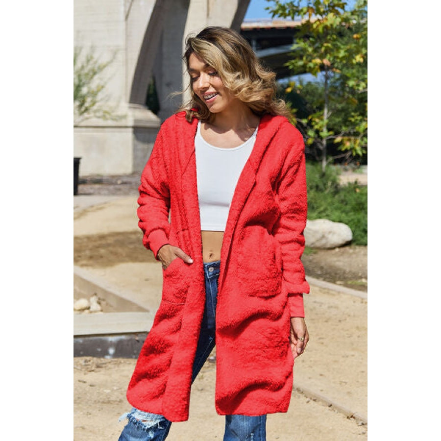 Double Take Full Size Hooded Teddy Bear Jacket with Thumbholes Red / S Clothing