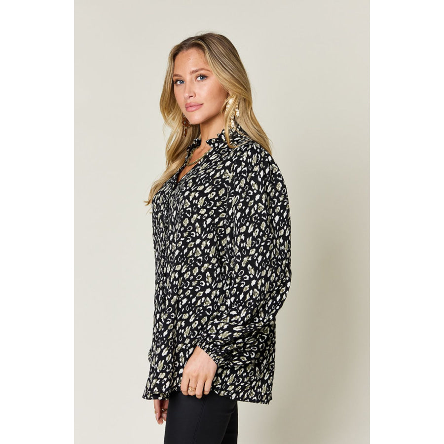 Double Take Full Size Leopard Long Sleeve Blouse Black / S Apparel and Accessories