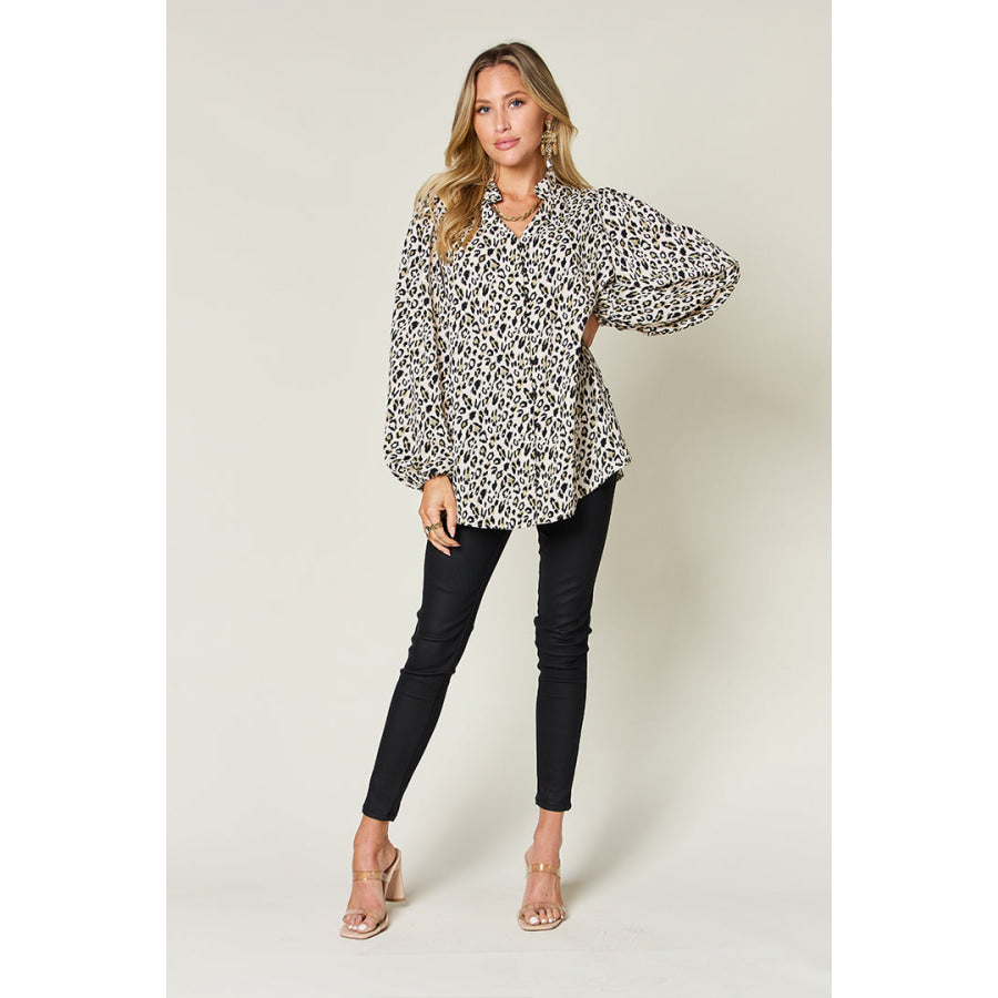 Double Take Full Size Leopard Long Sleeve Blouse Apparel and Accessories