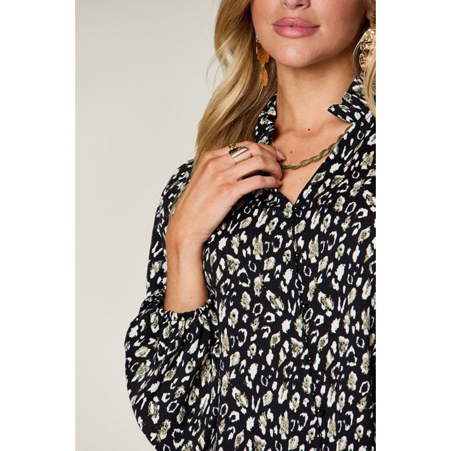 Double Take Full Size Leopard Long Sleeve Blouse Apparel and Accessories