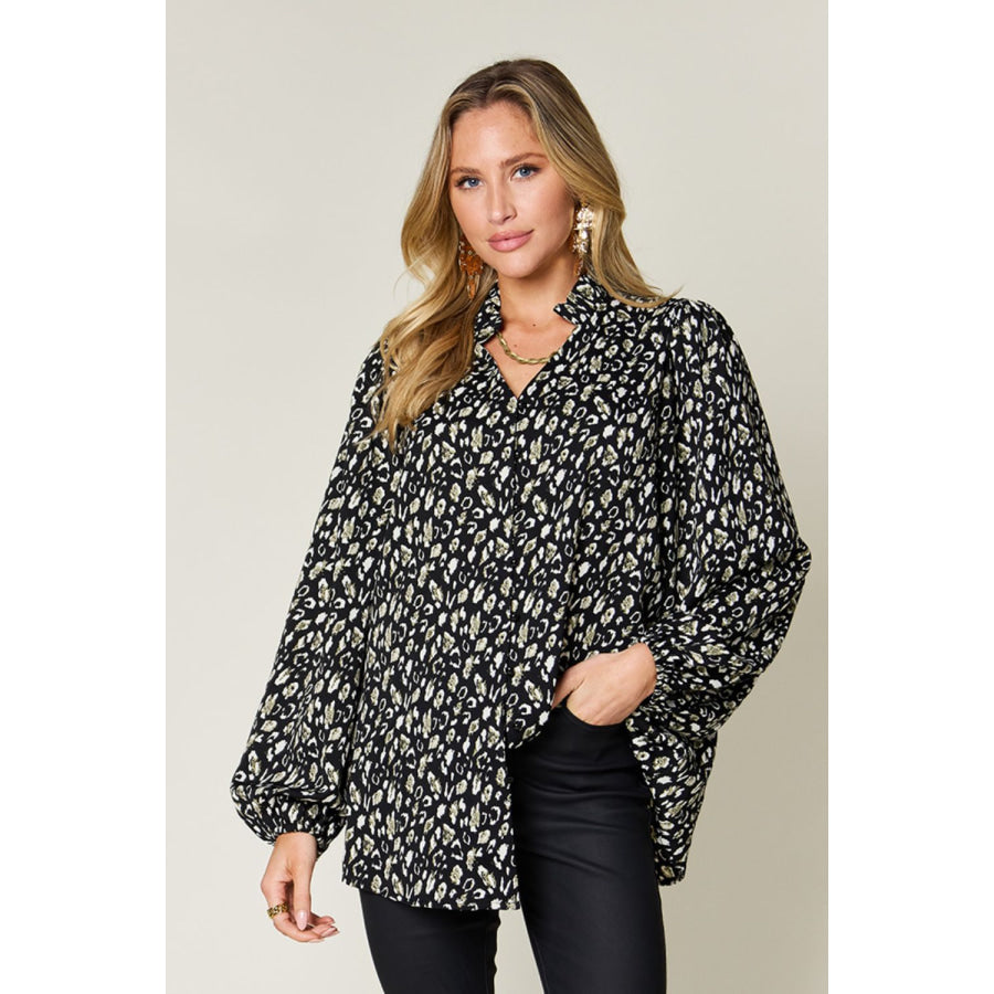 Double Take Full Size Leopard Long Sleeve Blouse Black / S Apparel and Accessories