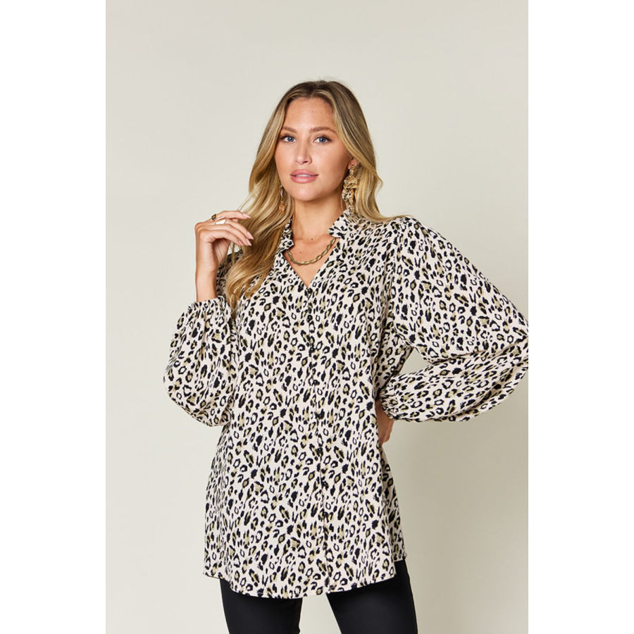 Double Take Full Size Leopard Long Sleeve Blouse White / S Apparel and Accessories