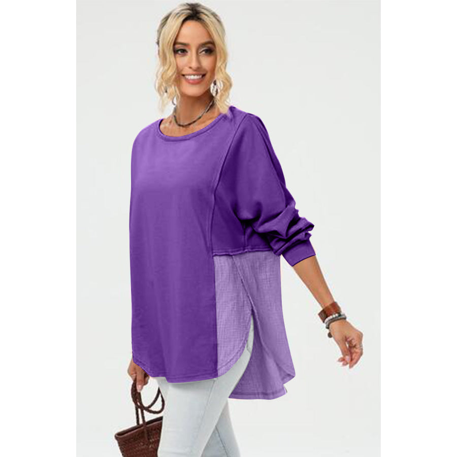 Double Take Full Size Long Sleeve High-Low T-Shirt Purple / 2XL Apparel and Accessories