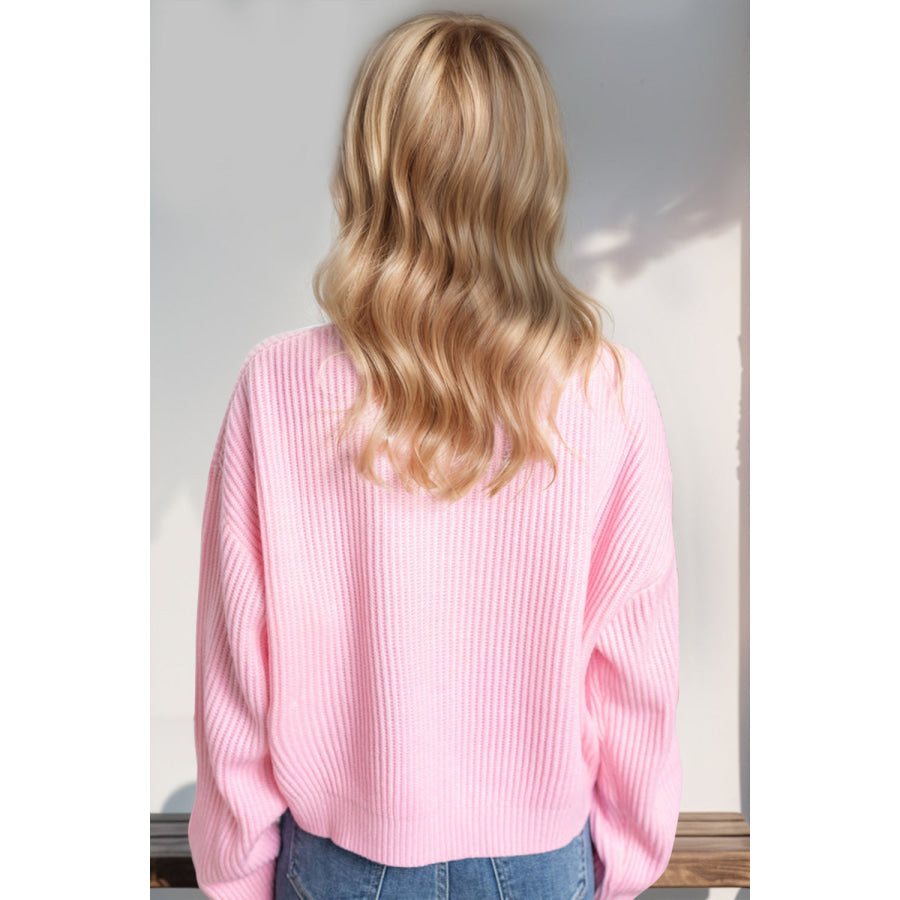 Double Take Full Size MERRY & BRIGHT Christmas Dropped Shoulder Cropped Sweater Pink / S/M Apparel and Accessories