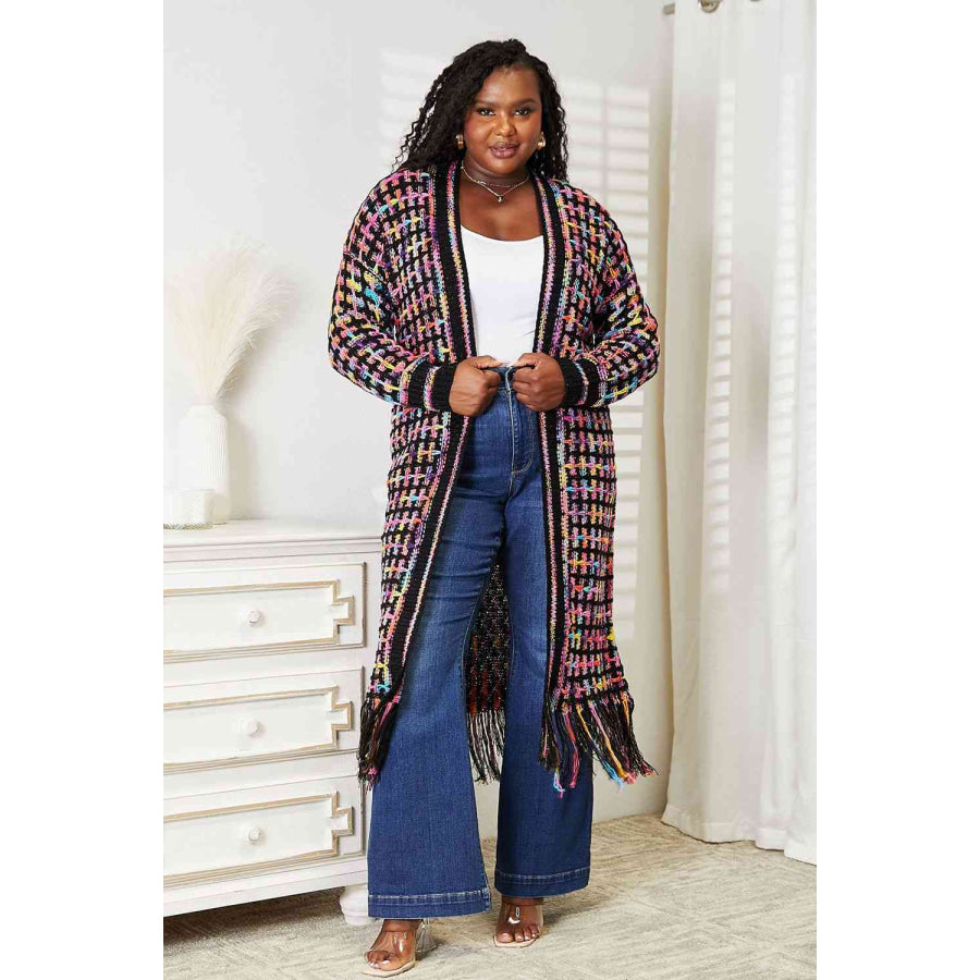Double Take Full Size Multicolored Open Front Fringe Hem Cardigan Multicolor / S Cardigan