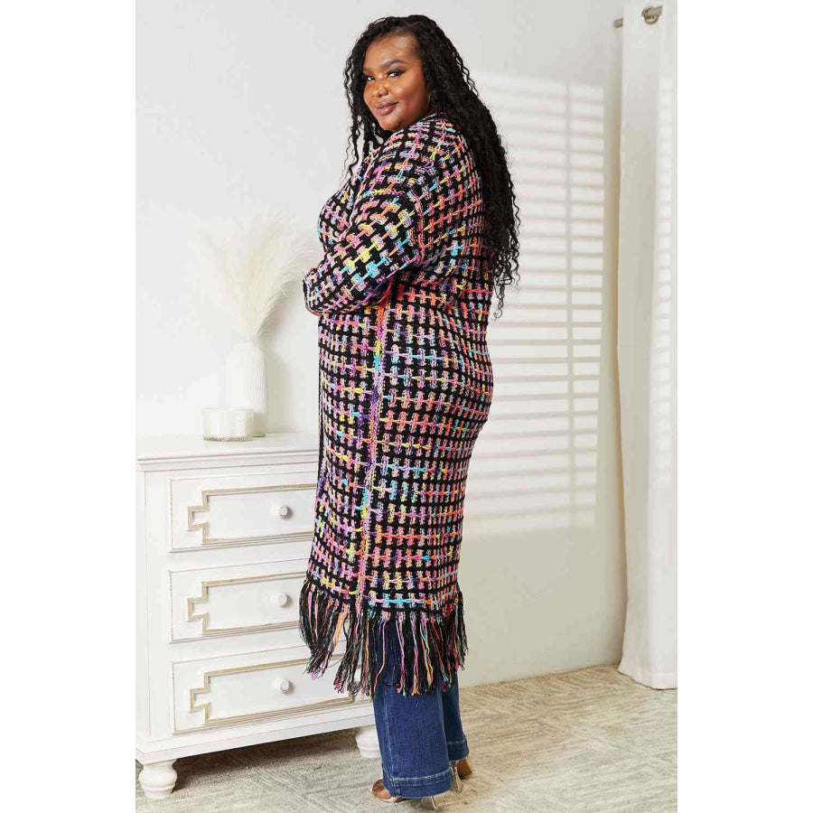 Double Take Full Size Multicolored Open Front Fringe Hem Cardigan Multicolor / S Cardigan