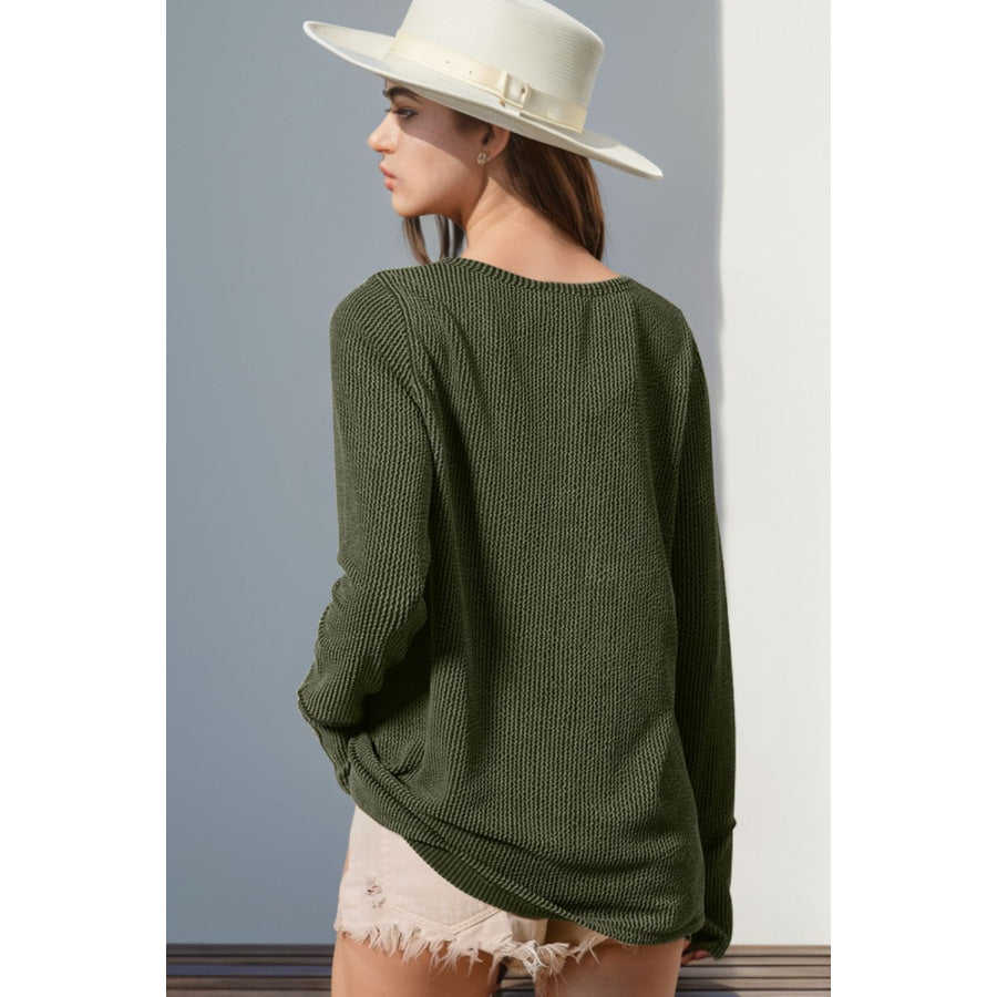 Double Take Full Size Notched Thumbhole Long Sleeve T-Shirt Apparel and Accessories