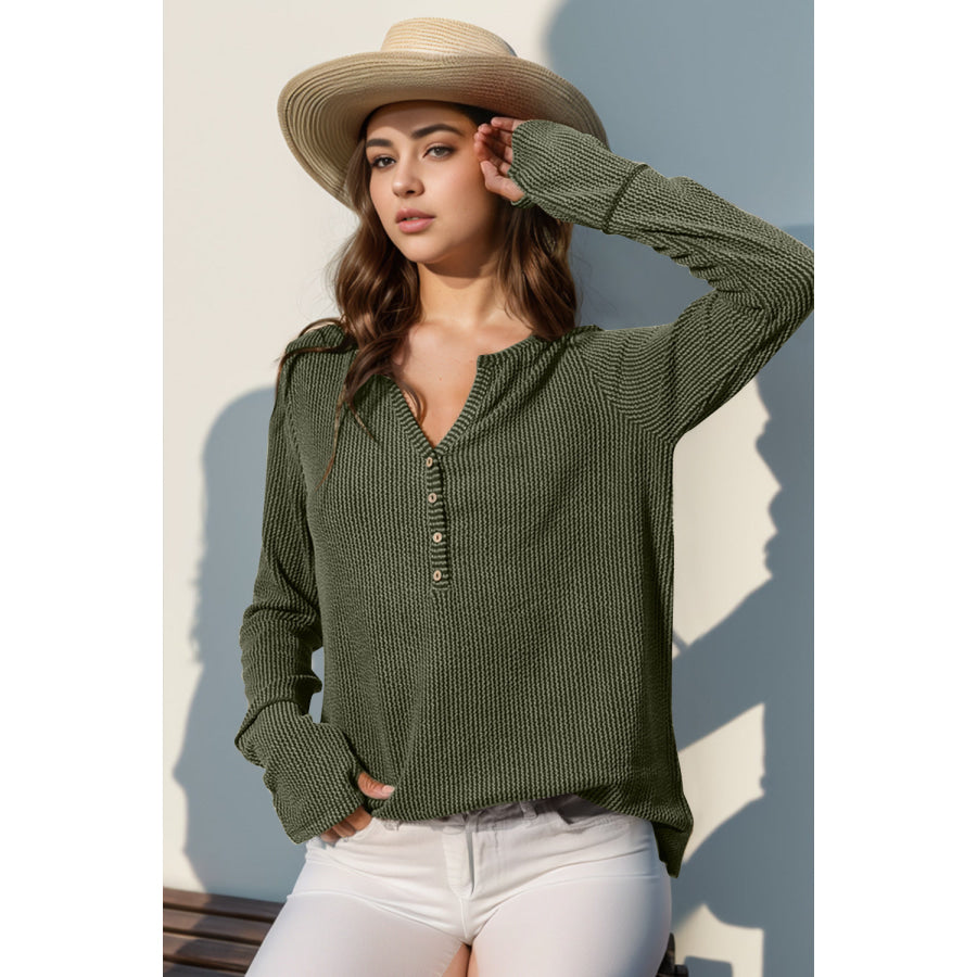 Double Take Full Size Notched Thumbhole Long Sleeve T-Shirt Apparel and Accessories