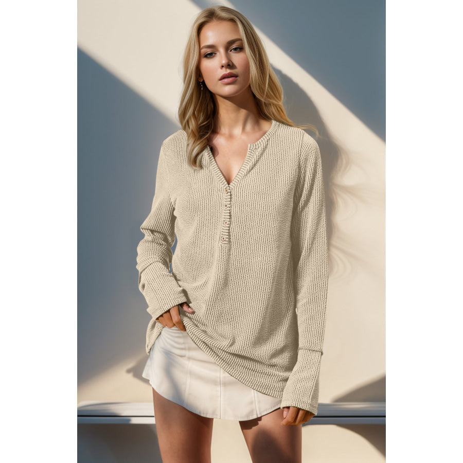 Double Take Full Size Notched Thumbhole Long Sleeve T-Shirt Apparel and Accessories