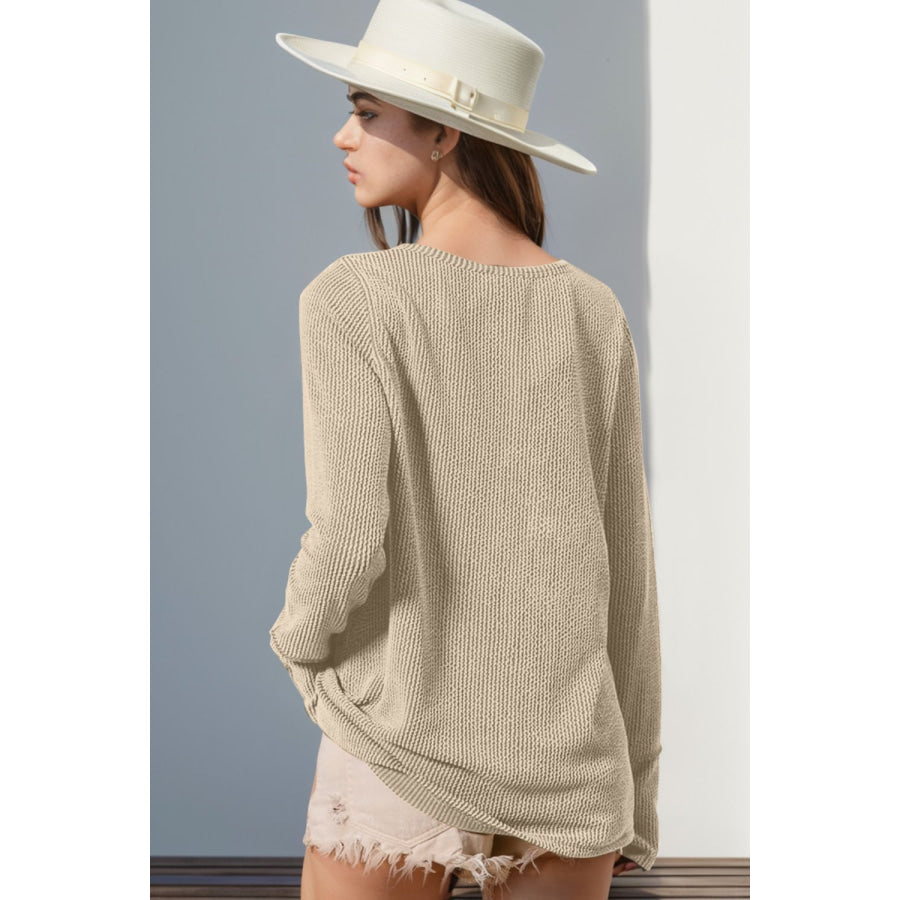 Double Take Full Size Notched Thumbhole Long Sleeve T-Shirt Apparel and Accessories