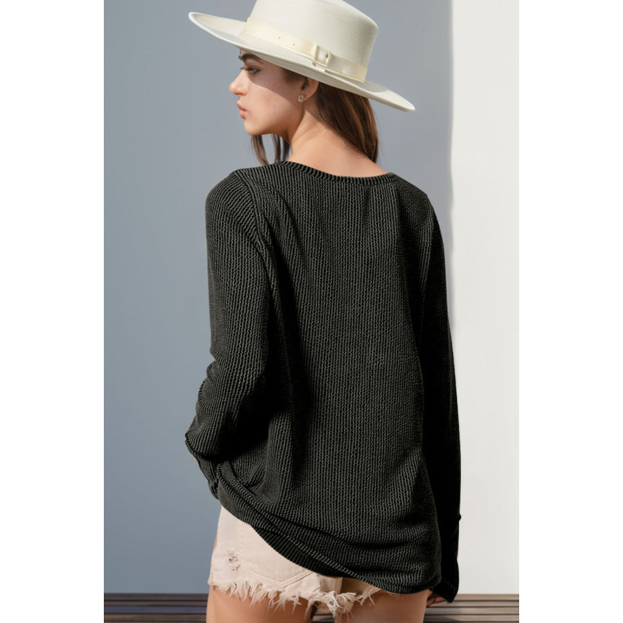 Double Take Full Size Notched Thumbhole Long Sleeve T-Shirt Apparel and Accessories