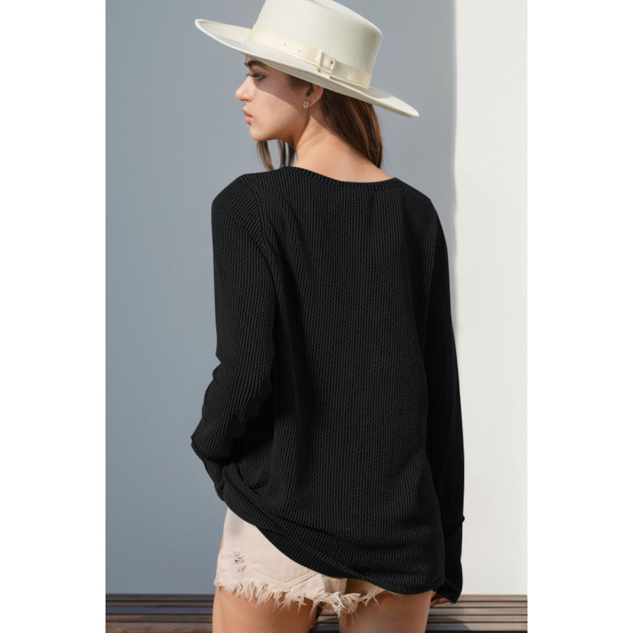 Double Take Full Size Notched Thumbhole Long Sleeve T-Shirt Apparel and Accessories